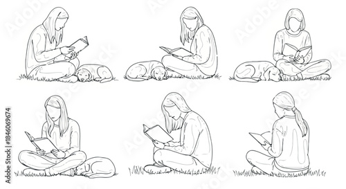 Woman reading book and using tablet with dog