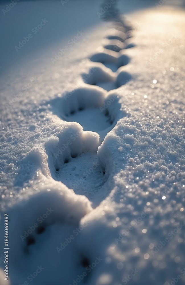 Obraz premium Animal paw prints march across a sunlit snow field. Crisp winter tracks create a clear path, highlighting cold white ground and sparkling ice crystals. Shadows lengthen as daylight fades.