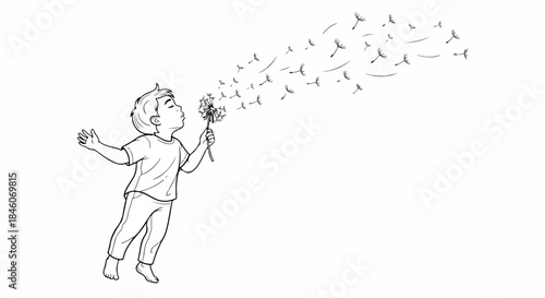 Boy blowing dandelion seeds with transparent background