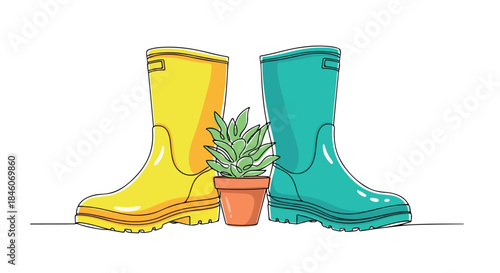 Rain boots and potted plant springtime gardening