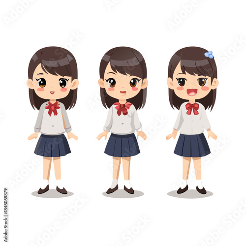 Cute cartoon school girl character full body portrait. Set of different outfits, standing poses and facial expressions.
