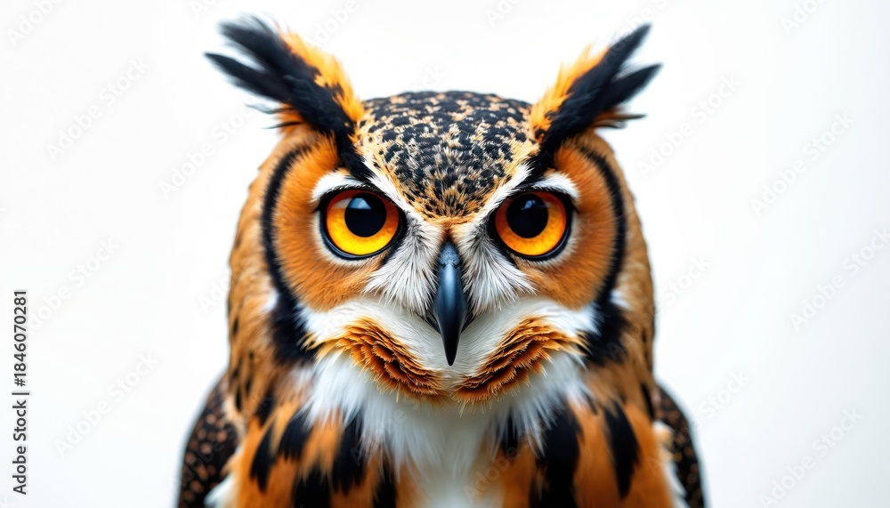 Obraz premium Great horned owl stares intensely forward. Detailed close-up shows vibrant orange eyes, sharp beak, and intricate feather patterns. This wild bird of prey is majestic and wise.
