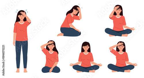 Woman experiencing stress and anxiety in various poses