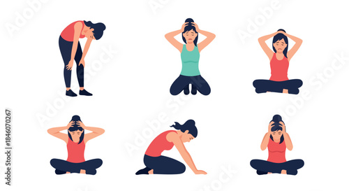 Woman expressing stress and anxiety in various poses