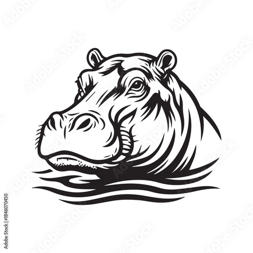 Hippopotamus Head Swimming in Water Vector Illustration in Black and White Silhouette Style
