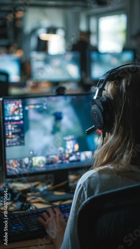 Wallpaper Mural A young woman immersed in a multiplayer online game, showcasing the excitement of esports and digital entertainment. Professional gaming equipment and vibrant screen visuals are visible Torontodigital.ca