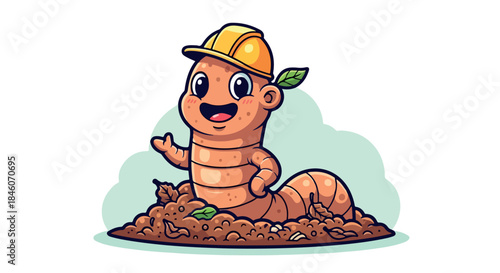 Construction worm in soil with hard hat