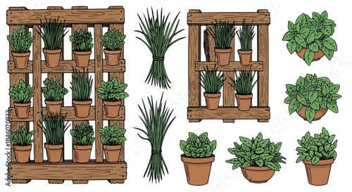 Herb garden arrangement with wooden pallets and potted plants