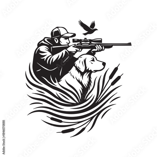 Duck Hunting Logo Vector Illustration Featuring Hunter Silhouette with Rifle and Retriever Dog Head Profile
