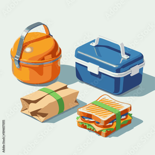 Lunch items including sandwich, paper bag, and lunchboxes on pale background