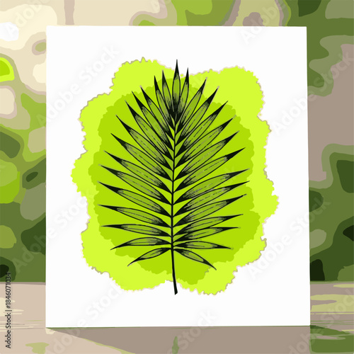 Illustration of a palm leaf on a green background standing on a wooden