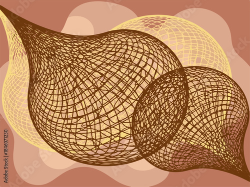 Abstract wireframe spheres and teardrop on brown background with yellow