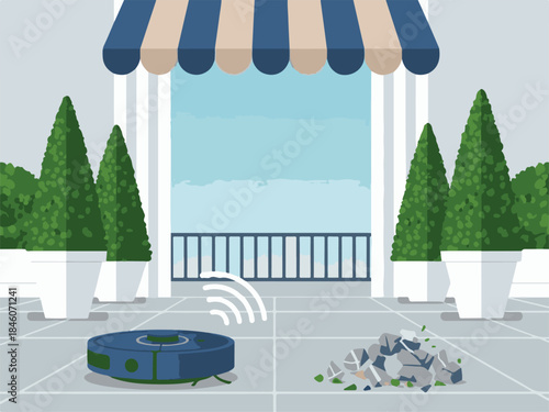 Blue robot vacuum cleaner on tiled floor with broken debris and potted