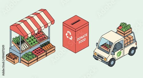 Food donation concept with market stand and delivery van