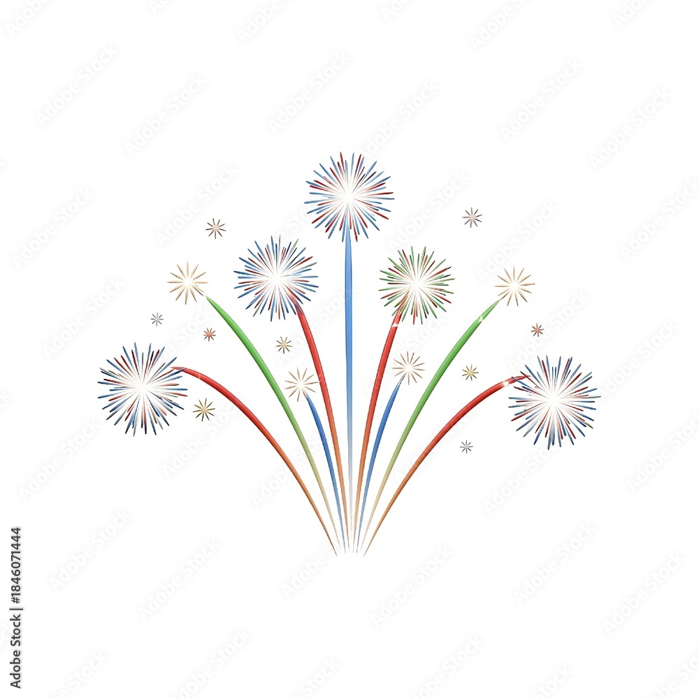 Obraz premium Colorful fireworks exploding in a burst of light and sparks against a white background, celebrating holidays and events.