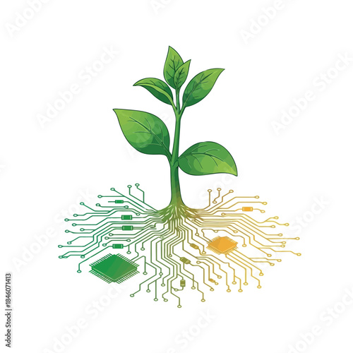 A futuristic illustration of a plant with circuit board roots, symbolizing the fusion of nature and technology.