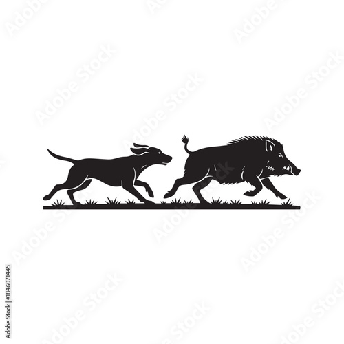 Hunting Dog Chasing Wild Boar Silhouette Vector Illustration

