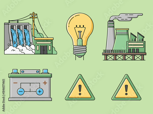 Collection of industrial and energy related icons on green background
