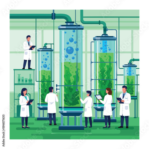 Scientists Conducting Experiments in a Laboratory Setting with Various Equipment and Green Substances
