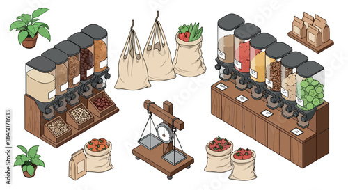 Bulk food store display with produce and reusable bags