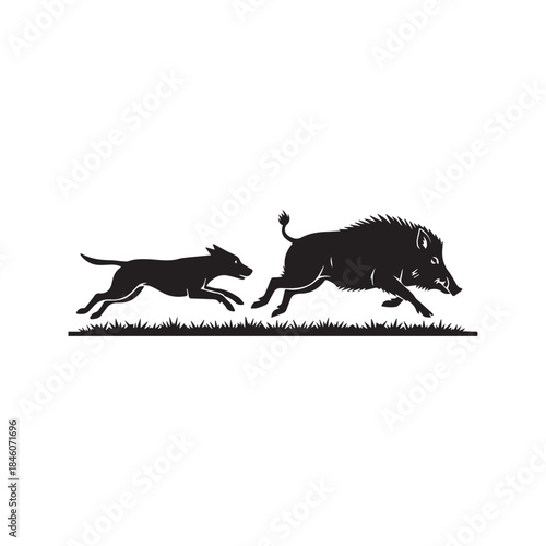 Hunting Dog Chasing Wild Boar Silhouette Vector Illustration
