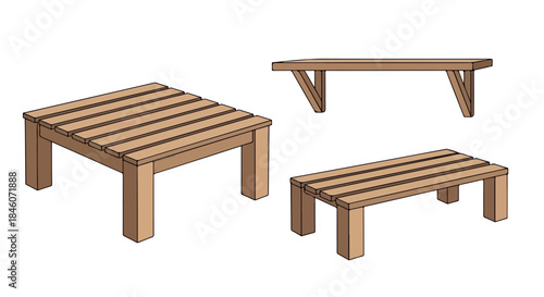 Wooden furniture set with table and stools