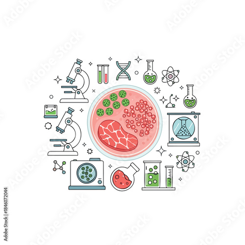 Microscopic examination of cells surrounded by laboratory equipment and scientific instruments