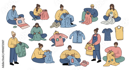 People mending clothes, sewing, repairing garments