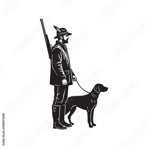 Hunter Silhouette Standing with Rifle and Hunting Dog on Leash Vector Illustration
