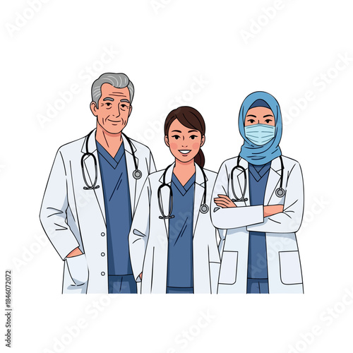 Diverse medical professionals standing together in a clinical environment