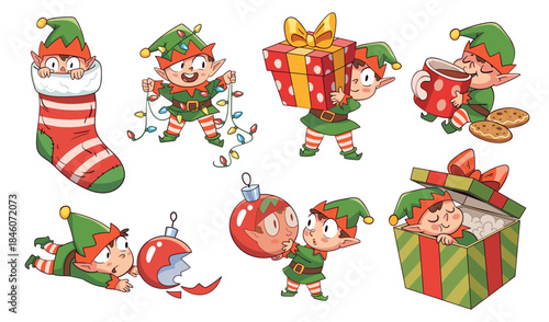 Cute Christmas elves in various festive poses: hiding in a stocking, tangled in lights, carrying gifts, drinking cocoa, breaking ornaments, decorating, and peeking from a present box