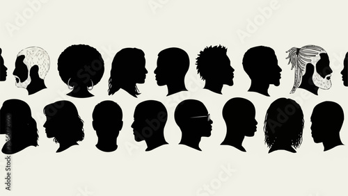 Diverse Silhouettes of Human Heads in Profile View.