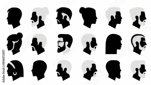 Diverse collection of male and female profile silhouettes with varied hairstyles and facial hair.