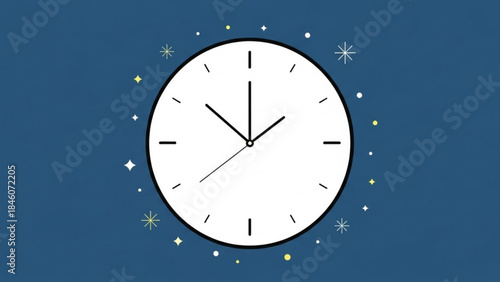 A white clock with black hands and outline surrounded by small yellow and white stars on a dark blue background