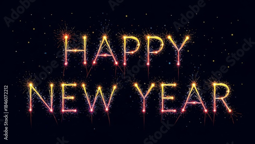 Glowing sparkler letters spelling happy new year on dark background with stars