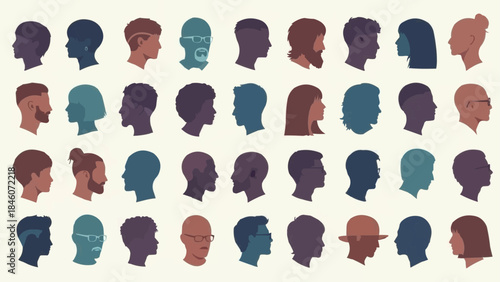 Diverse collection of human head silhouettes in profile view.