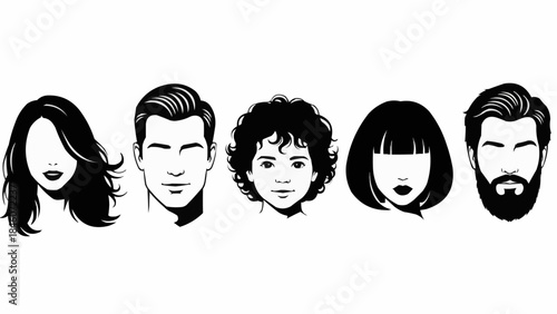Diverse group of people faces with different hairstyles and genders represented in black and white illustration.