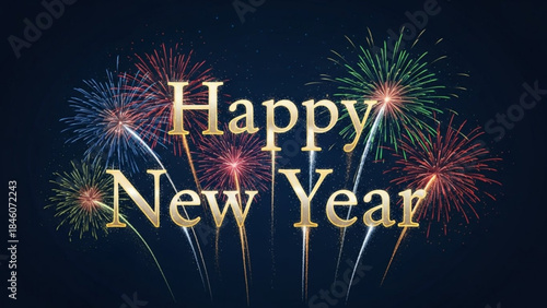 Vibrant fireworks display with happy new year text on dark background