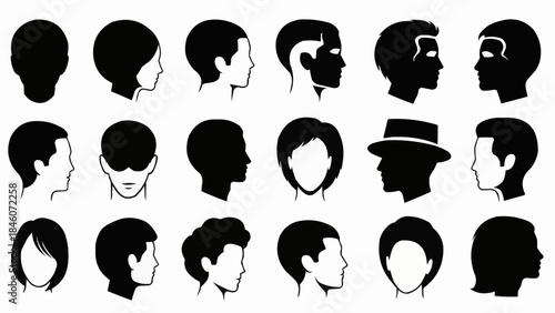 Collection of diverse human head silhouettes in profile and frontal views.