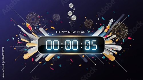 Happy new year countdown timer with fireworks and confetti on dark background