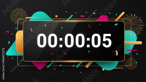 Vibrant countdown timer with colorful confetti and fireworks on black background