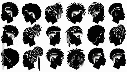 Collection of Diverse Black Hairstyles Silhouette Set.