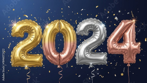 Shiny gold, rose gold, and silver balloons forming 2024 with confetti on dark blue background celebrating new year