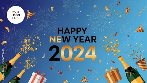 Happy new year 2024 celebration with champagne bottles, confetti, and gifts on a blue background with fireworks
