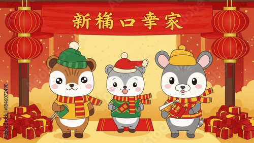 Three cute cartoon hamsters wearing winter hats and scarves standing in front of chinese new year decorations