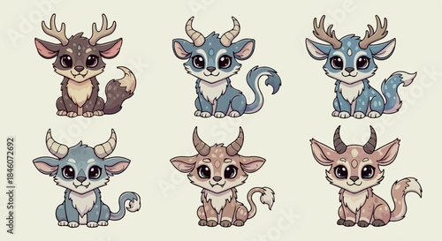 Fantasy creature cubs with horns, playful animal characters