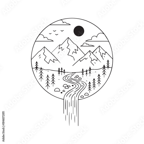 Hand drawn minimalist mountain landscape with pine trees, river, and waterfall in black ink line art style.
