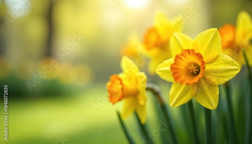 Yellow daffodils bloom in a garden with soft green blurred background. Bright sunlight illuminates the spring flowers in nature. This scene evokes feelings of joy and renewal.