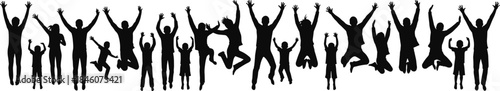 Group of happy people silhouettes jumping with raised hands, celebration, success, freedom, teamwork, unity, joy, isolated black figures