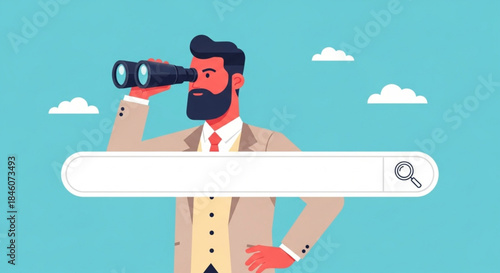 Man Using Binoculars Observing from Search Bar Interface in Digital Business Environment, Vector Illustration, Conceptual View